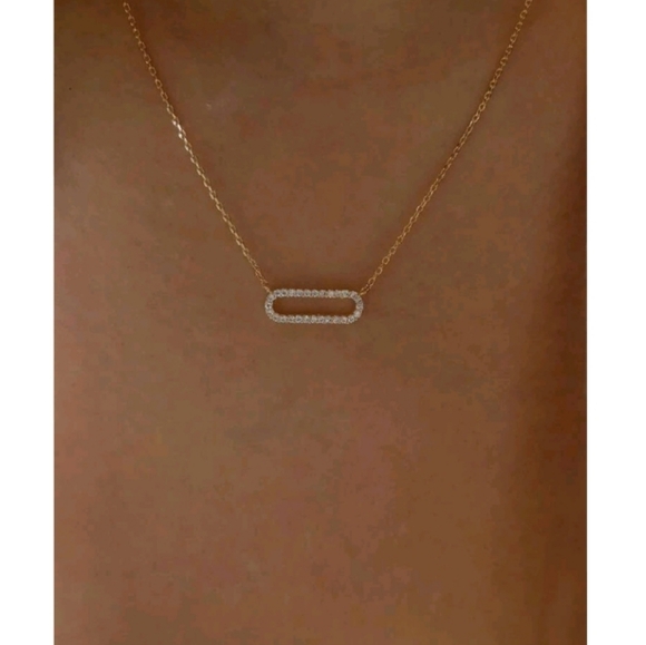 Anthropologie Delicate Diamond Open Oval Rectangle Pendant Gold Necklace - Picture 4 of 4
